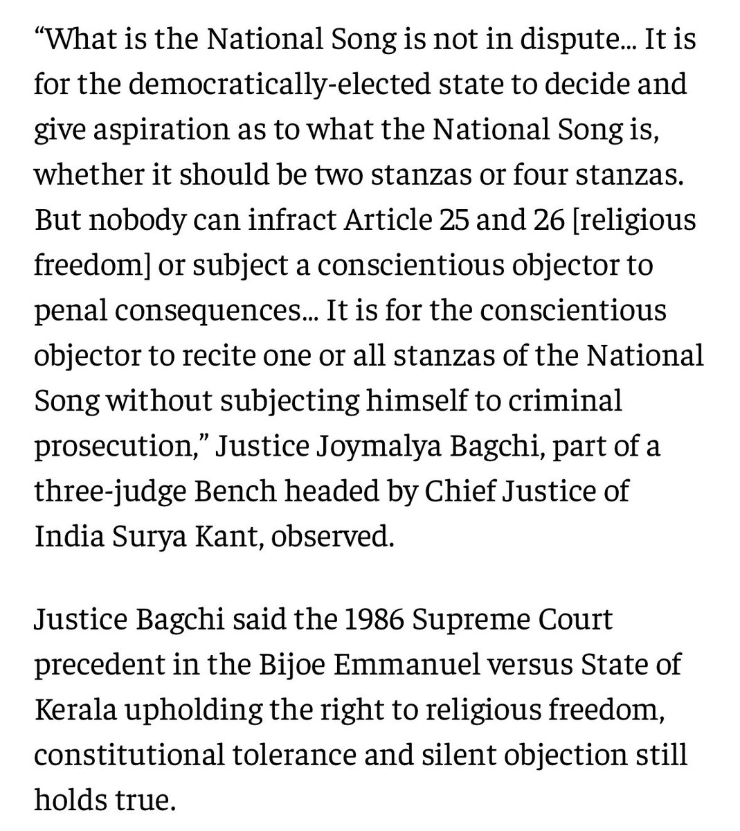 asadowaisi's tweet photo. The Supreme Court, while hearing a challenge to a law that criminalises refusal to show respect to Vande Mataram, made an important point: a person cannot be criminally prosecuted simply for refusing to recite it if their conscience does not permit it.

The freedom to disagree is an essential part of the liberty of thought, speech and expression. And yet, the Solicitor General of India-the country’s second-highest law officer-chose to call people “Naxalites” for doing merely exercising their right to approach the courts and challenge the validity of a law.