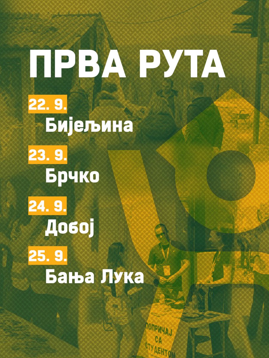 studentuselu's tweet photo. У наредним данима СУСС караван се сели у Републику Српску и Брчко дистрикт. 

Разговарамо са нашим народом, ширећи причу о студентима који побеђују.

Видимо се!💛💚 https://t.co/AgNGeP1PoS