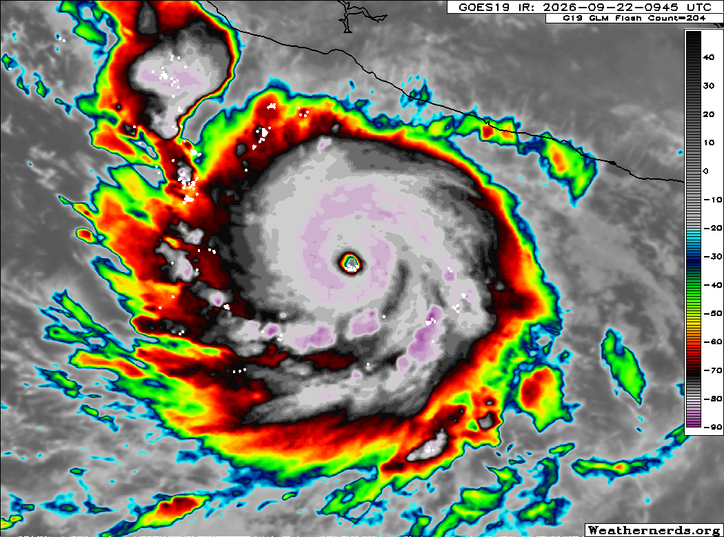 AndyHazelton's tweet photo. From the 5 am NHC discussion for #Polo: 
"The intensification rate over the past 24 hours 
is truly remarkable, with Polo strengthening by about 90 kt over that time period."

From yesterday's 11 am discussion: 
"Every model responds to these conditions by
showing rapid intensification, and the SHIPS rapid intensification index is showing percentages as high as I have ever seen them. The new forecast is raised from the previous one and is very aggressive, but still below the latest HCCA corrected-consensus aid, which verbatim would be at least a 99th percentile event for intensification."

Very well-anticipated RI event. Kudos to NHC.

This has been one of the things I've been most excited to see during my career so far: we're getting better in our ability to predict RI. Not perfect, but with tools like SHIPS-RI, HAFS, Google DeepMind, and forecaster awareness, we can get it right a lot more than we did 10-15 years ago. 

Definitely curious what our flight into #Polo will hold today. Looks like it could be my second Cat5 flight (first being Melissa last year).