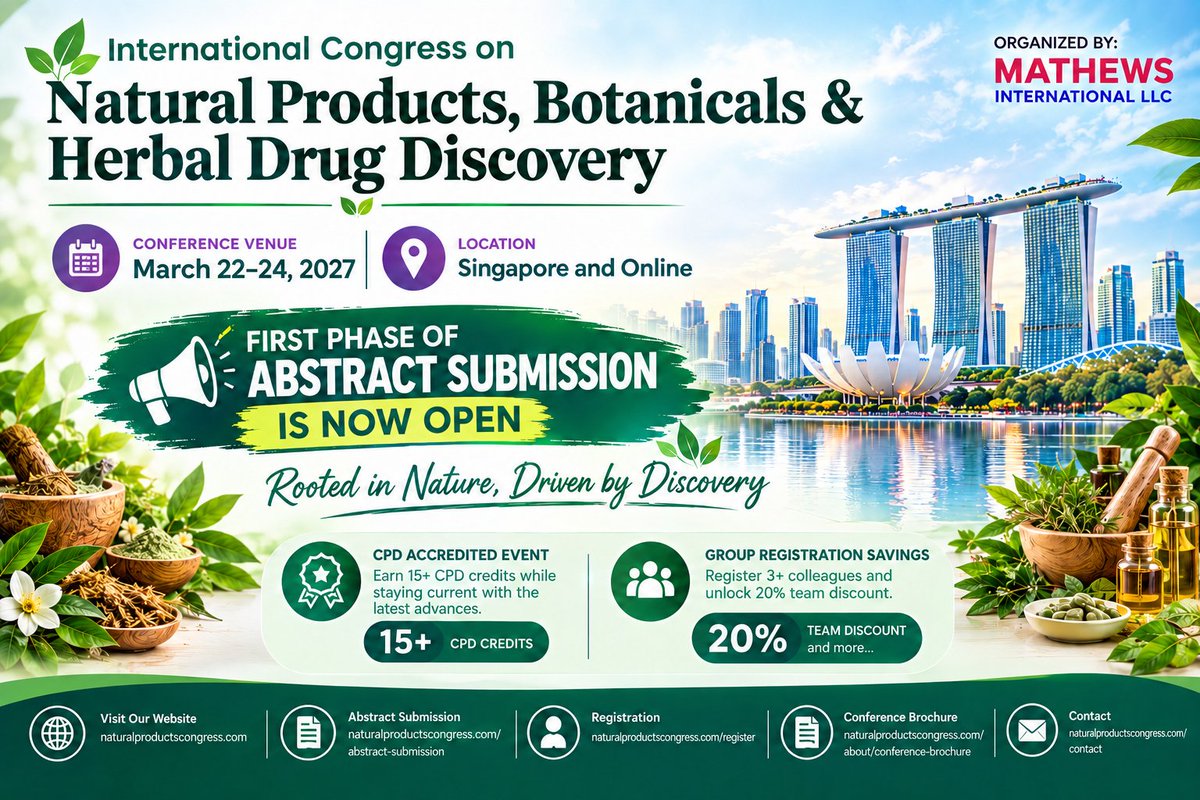 NP_Discovery's tweet photo. 🌍 Connect. Present. Discover.
NP Discovery 2027 brings together researchers, academics, healthcare professionals, industry experts &amp; innovators in natural products and herbal drug discovery.
📅 Mar 22–24, 2027
🌏 Singapore &amp; Online
https://t.co/1j65BPzJdN https://t.co/K2IKw5rcqz