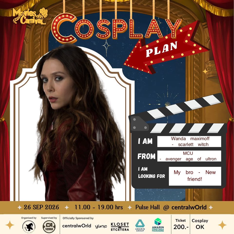 enggyanddumbb's tweet photo. me cosplay as Wanda maximoff ( aka. my baby )

my giveaway *
 - yelena belova set  | 15 set 
- aubrey p. : elizabeth o. : florence p. Photocard | 10 ea / 1 actress 

📍: #moviescnv2026 !! https://t.co/FjdtQGHs2p