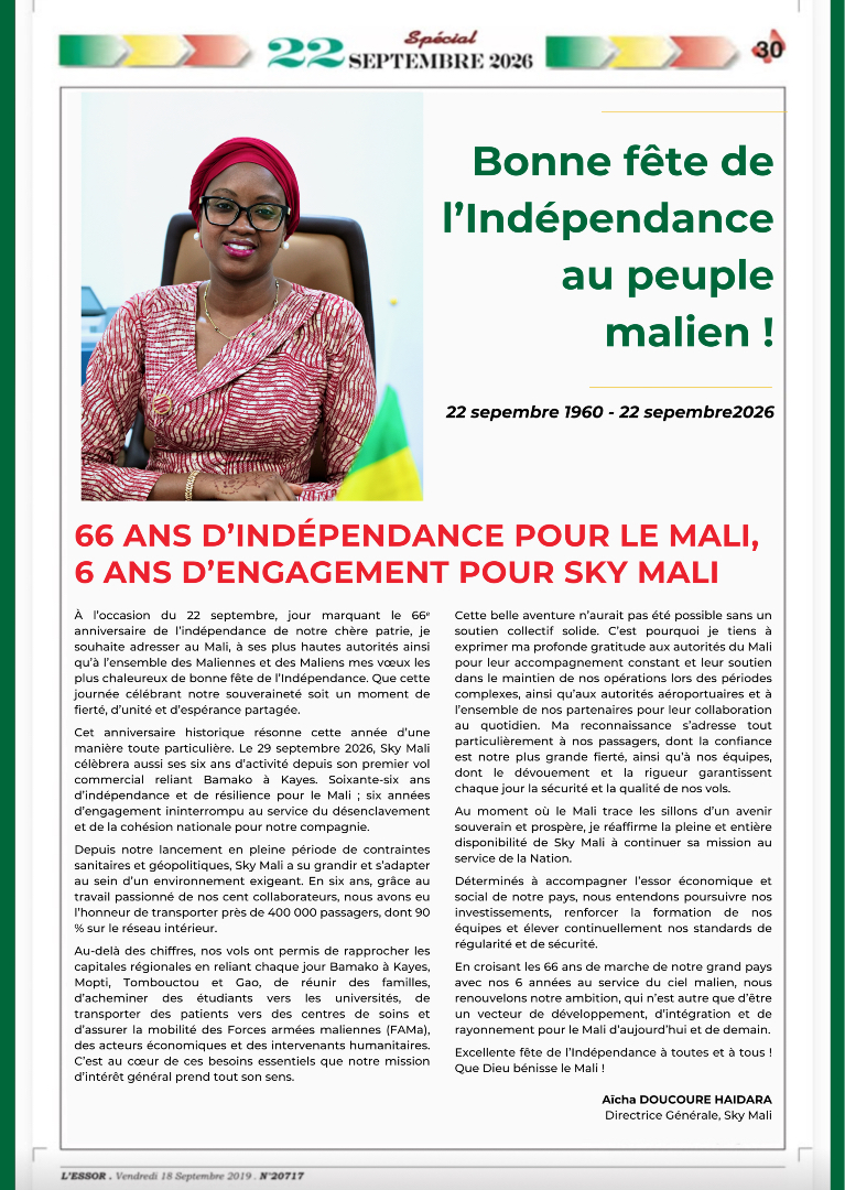 FlySkyMali's tweet photo. 22 septembre 1960 - 22 septembre 2026 : 66 ans d’indépendance pour le Mali, 6 ans d’engagement pour Sky Mali.
Bonne fête de l’Indépendance au peuple malien ! 🇲🇱
#SkyMali #Mali #22Septembre #IndependanceDuMali #FeteDeLIndependance https://t.co/BE809A6Whf