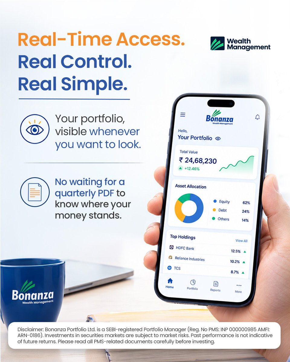 bonanza_wealth's tweet photo. Transparency shouldn't be a once-a-quarter event. With NDPMS, your portfolio is just a tap away, always.

#BonanzaWealth #NDPMS #Transparency #PortfolioManagement #WealthManagement https://t.co/TeloUus4WM