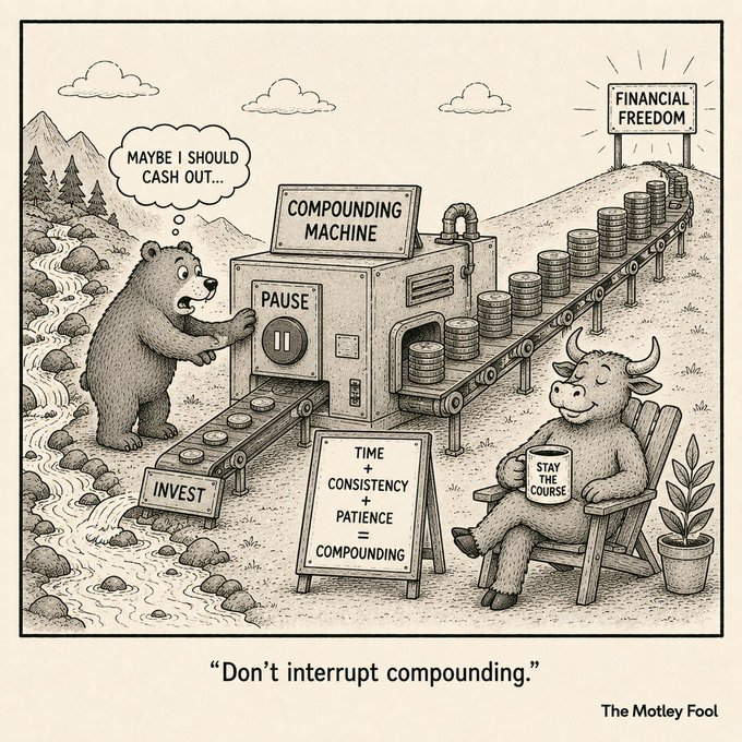 sveinfr's tweet photo. ⏳ Rentes rente trenger tid, jevn sparing og tålmodighet. Den største feilen kan være å trykke «pause» når markedet blir urolig 💰📈#sparing #investor @themotleyfool
Invester → hold kursen → la tiden jobbe! 🚀 https://t.co/reSWNeftfL