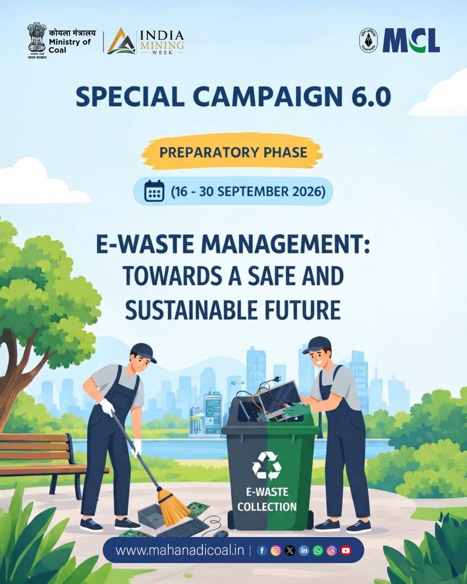 mahanadicoal's tweet photo. Special Campaign 6.0 | E-Waste Management
Reduce, Reuse, Recycle — responsible e-waste management is a step towards a sustainable future.
#specialcampaign6 #SwachhataHiSeva #SwachhataHiSeva2026 #SHS2026 #Swachhotsav #SwachhBharat #mymcl #coalindia #EwasteManagement #CoalIndia
@kishanreddybjp @satishdubeyy @CoalMinistry @CoalIndiaHQ @DARPG_GoI @MoJSDDWS @SwachhBharatGov @swachhbharat @MoHUA_India