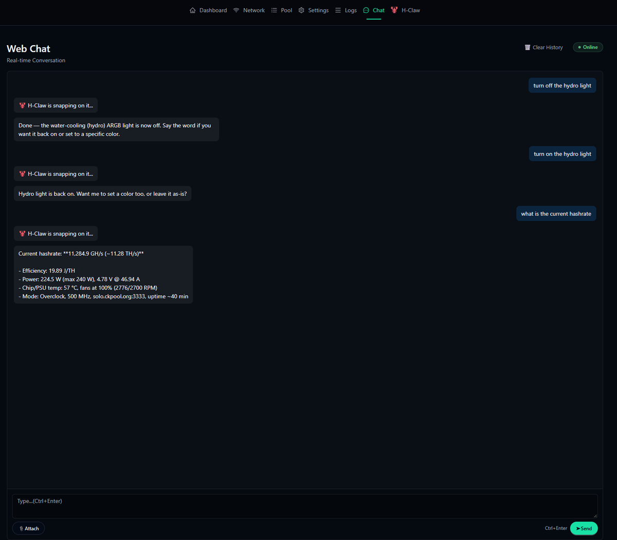 hammerminer's tweet photo. 🔧 BC08 update: We’ve built a test version with ESP Claw enabled and a configurable API key — so you can use an LLM to chat with your miner. 🤖⛏️
✅ I personally tested toggling the hydro light and checking the current hashrate. 💡📊
Want to try it? Drop me an email: edwin@hammerminer.com 📧