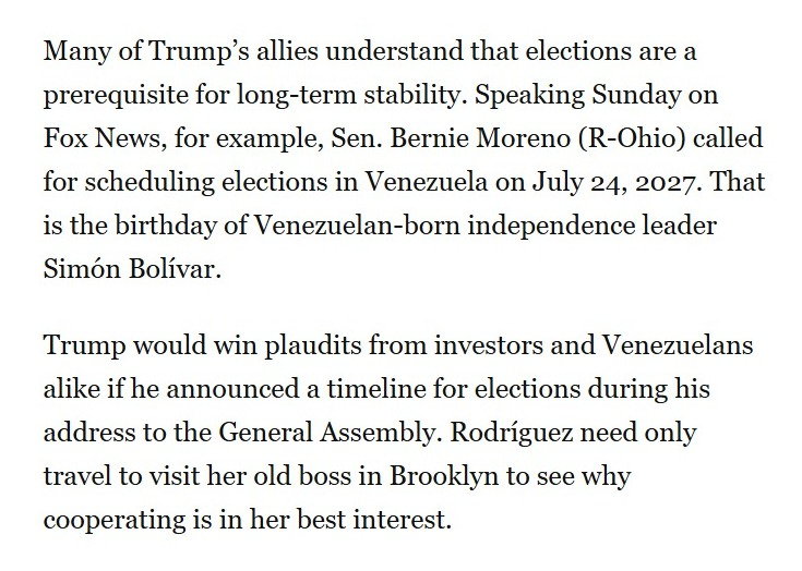 WalterVMG's tweet photo. Excelente editorial del @washingtonpost.

La inelecta Delcy Rodríguez está ganando tiempo y, mientras más se retrase un calendario electoral, más podrá afianzarse en el poder.

El diario insiste en que sigue siendo ilegítima, cuestiona el acuerdo petrolero y recuerda que la represión continúa.

La salida para una estabilidad duradera pasa por elecciones libres. Y pone sobre la mesa la fecha propuesta por el senador @berniemoreno: 24 de julio de 2027.

“Trump se ganaría el aplauso de inversionistas y venezolanos por igual si anunciara un calendario para las elecciones durante su discurso ante la Asamblea General. Rodríguez solo necesita viajar a Brooklyn para visitar a su antiguo jefe y comprender por qué cooperar le conviene”.

#SetTheDate