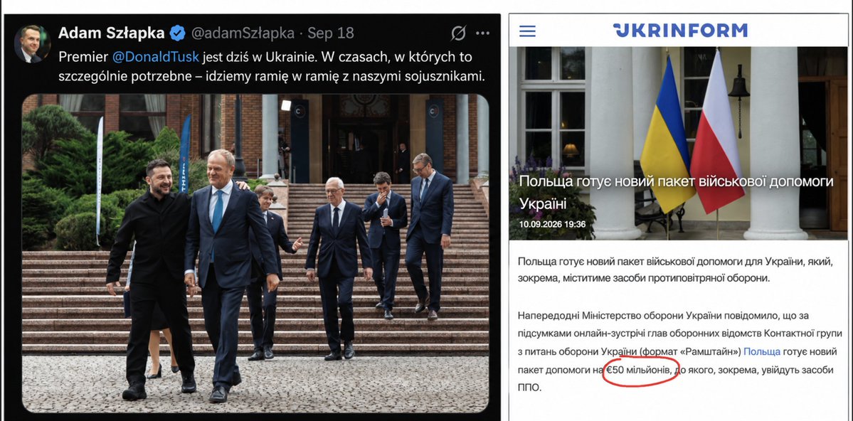 ExplicitePL's tweet photo. 🔴🇺🇦Ukraiński MON podał wartość polskiej pomocy. KPRM Polakom jej nie podała.
Nowy pakiet wojskowy Polski dla Ukrainy: €50 mln!!! 
18 września Donald Tusk poinformował, że Polska przygotowała „nowe, dość znaczące pakiety” i że ich szczegóły przekazał Zełenskiemu.
A oficjalny komunikat KPRM z tej samej wizyty?
Ani słowa o wartości tych pakietów. 
Ukraiński MON natomiast chwali się kwotą polskiej pomocy.
Kiedy pełny rachunek pozna polska opinia publiczna? 🇵🇱