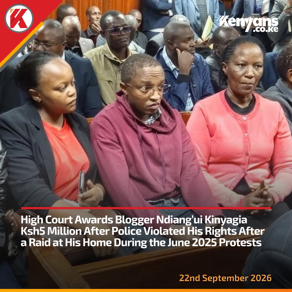 Kenyans's tweet photo. High Court awards blogger Ndiang’ui Kinyagia Ksh5 million after police violated his constitutional rights during a June 2025 raid at his home https://t.co/UReKnP7QAx