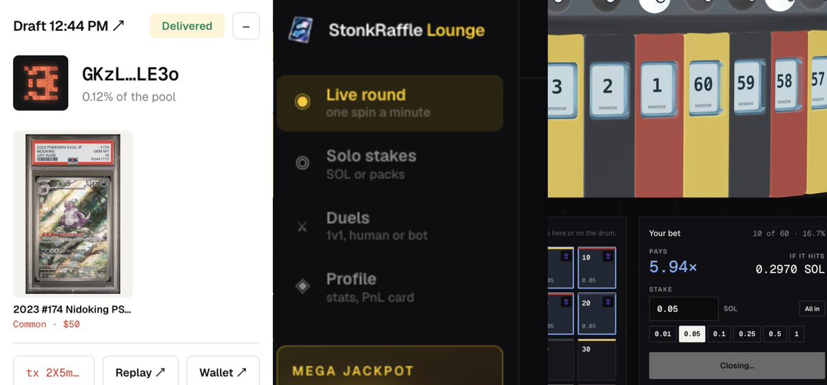 Stonk_Raffle's tweet photo. Congrats to GKzL for winning a Nidoking with less than  1 in 800 odds in the latest raffle! Treat it well.

In the past hour we changed a number of things based on user feedback - the raffles now fire once per 25 minutes, buying more never resets your hold bonus (thanks moonbagct), and if the total pot is ever less than a pack would cost, the winner instead gets 80% of it in USDC instead of waiting, and added the winner 

But of course, the main thing I'm tinkering with right now is the gambling thing. Here's a small sneak peak to what one of many games looks like right now while in development (ss2 is every 30s you can bet on any window to land and win up to 60x of your initial bet). Once again, all design and logic very much subject to change for now, because i want to make it great instead of just decent and kinda working.

This guy in my groupchat said that he is "investing in the future, and the future is an all in one pokemon gambling platform" 
And like, that's probably not the future. But what if it is, what if it actually is? Hellllooo?? isthatnotinsanee?!