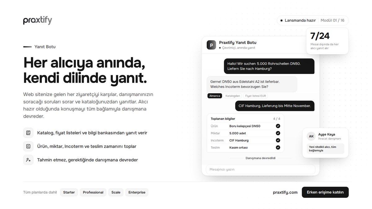 justgunduz's tweet photo. Alıcı gece yazıyor, siz sabah yanıtlıyorsunuz. Arada sipariş başka tedarikçiye gidiyor.

Praxtify Yanıt Botu alıcıya kendi dilinde anında yanıt veriyor, gerekli bilgileri topluyor ve danışmanınıza devrediyor.

#ihracat #dışticaret #yapayzeka https://t.co/UGLtBVkbSj