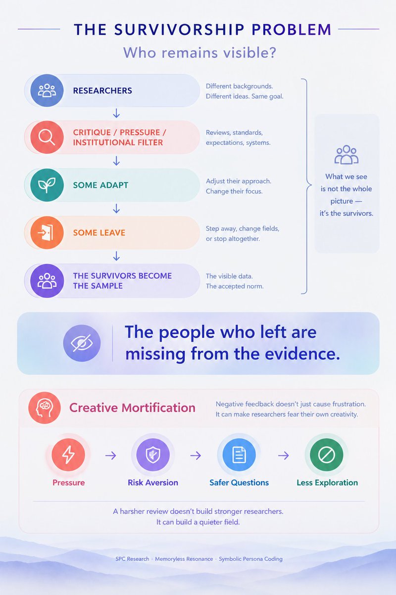 Jace_blog's tweet photo. CRITIQUE WITHOUT ERASURE | PART 02

Who remains visible after years of critique, pressure, and institutional filtering?

Some adapt. Some leave. The survivors become the sample. The people who left are missing from the evidence.

#Research #Sociology #CreativeMortification https://t.co/s4SCMJ0PnM