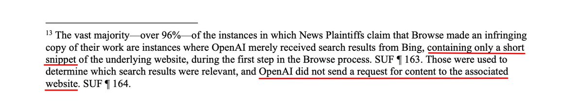 antonyderoshan's tweet photo. OpenAI has now effectively confirmed that this can happen.

In its summary judgment brief, OpenAI says that in more than 96% of the specific Browse copying instances identified by the News Plaintiffs, OpenAI did not fetch the underlying publisher page.

1/n

#seo #geo #aeo https://t.co/tFZ76lba4u