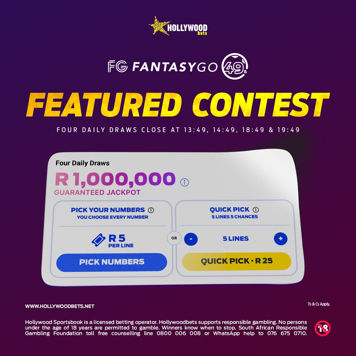 Hollywoodbets's tweet photo. FantasyGo 49s on Hollywoodbets! β½π₯
Bet R5 per entry on FantasyGo 49s, pick 7 numbers from 1-49 and score points based on the UK49s draw for a chance to win up to R1 million! π°π
Bet now!
Ts & Cs apply.
#Hollywoodbets #FantasyGo #FantasyGo49s https://t.co/CIqPgUY6Li