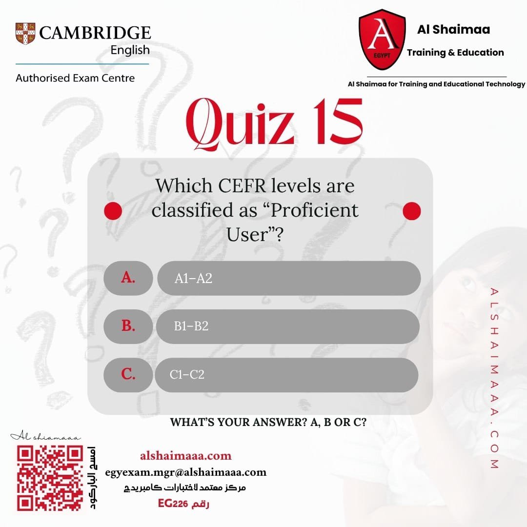 ALshaimaaEg's tweet photo. 🔥 Quiz 15 | مستعد تختبر مستواك؟

سؤال النهارده محتاج تركيز 👀
Which CEFR levels are classified as “Proficient User”?

A️⃣ A1–A2  
B️⃣ B1–B2  
C️⃣ C1–C2  

🤔 اختار إجابتك واكتبها في الكومنتات قبل ما تشوف الـ Answer!

📚 كل Quiz خطوة جديدة في طريق تطوير مستواك في الإنجليزي https://t.co/VFRY44KuCr