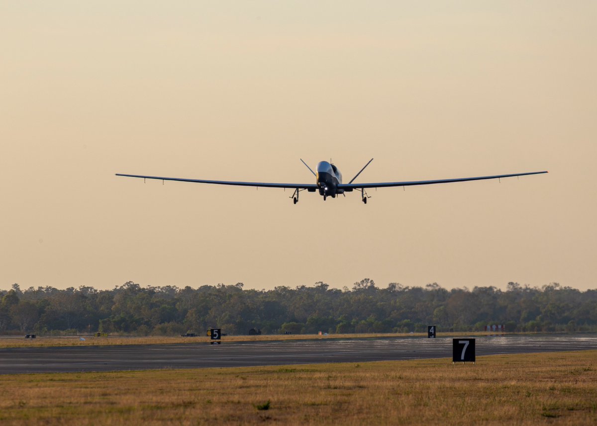 DefenceAust's tweet photo. With a wingspan that stretches across the horizon, the MQ-4C Triton is ready to go the distance. ✈️

The MQ-4C Triton has achieved Initial Operational Capability, significantly strengthening @AusAirForce's ability to deliver persistent intelligence, surveillance and reconnaissance effects across Australia’s primary area of military interest. 

🖼️ The MQ-4C Triton preparing for a sortie from 📍 RAAF Base Tindal, NT.

#YourADF #AusAirForce