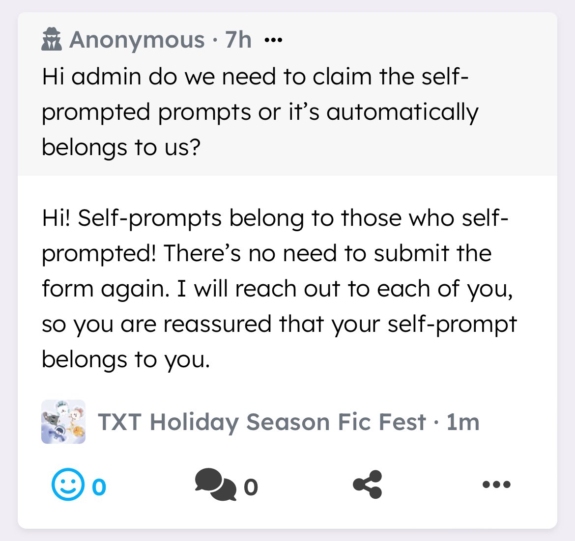 txtholidayfest's tweet photo. Hi admin do we need to claim the self-prompted prompts or it’s automatically belongs to us? — Hi! Self-prompts belong to those who self-prompted! There’s no need to submit the form again. I will reach out to each of yo… https://t.co/I939dqSW6g https://t.co/BiyqgMuIDb