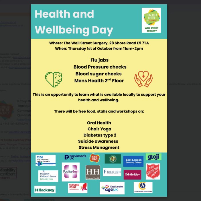 HackneyFIS's tweet photo. Join us for the Well Street Health &amp; Wellbeing Event!
Come along to meet local services, discover support in the community, and learn more about looking after your health and wellbeing.
- Date: Thursday, 1st October
- Location: The Well Street Surgery
- Food stalls and workshops https://t.co/VcMMAGTvCf