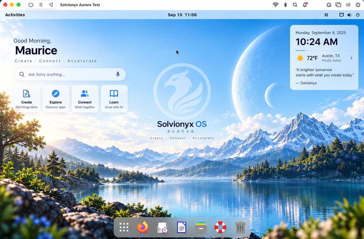 Solviony's tweet photo. Today marks a major milestone for Solviony.

We’re proud to officially introduce Solvionyx OS Aurora Our next-generation operating system. Brings together a modern desktop 

👉 Download Solvionyx OS Aurora:
https://t.co/hJricErobV⁠

#Solviony #SolvionyxOS
 #Linux #AI  #Gaming https://t.co/mcZRU9jFSD