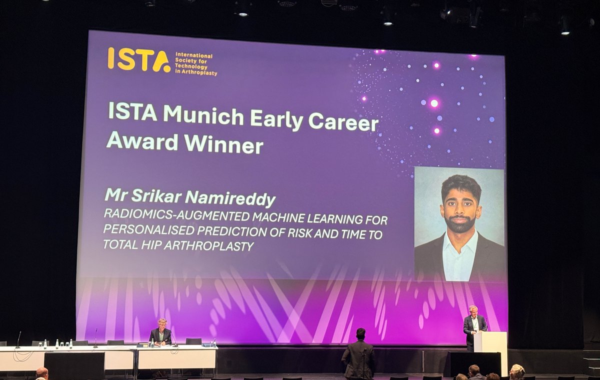 MSkLab1's tweet photo. Congratulations to Srikar R. Namireddy on receiving the 2026 ISTA Early Career Award for his intercalated BSc research, conducted through a collaboration between Imperial's @MSkLab1  and Mayo Clinic OSAIL. He presented the award-winning work on using machine learning and radiomics to predict native hip survival at the #ISTA2026 Congress in #Munich.#ImperialCollegeLondon #ResearchExcellence #Orthopaedics #OrthoTwitter #machine #learning #radiomics #mayoclinic