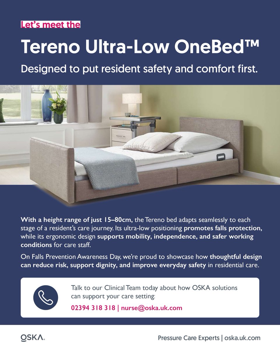 askOSKA's tweet photo. Falls Prevention Awareness Day: our Tereno Ultra-Low OneBed™ (15-80cm) supports resident safety, mobility &amp; safer care - one bed for every stage of care.
https://t.co/VuIOY15IwO
Talk to our Clinical Team now: 02394 318 318 | nurse@oska.uk.com
#FallsPrevention #SafeCare #OSKABeds https://t.co/KUdFZclaTW
