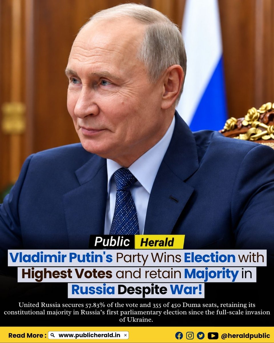 HeraldPublic's tweet photo. 🇷🇺 PUTIN’S UNITED RUSSIA WINS BIG!
United Russia secures 57.83% of the vote and 355 of 450 State Duma seats, retaining its parliamentary majority amid the ongoing Ukraine war.
#Russia #Putin #RussiaElection #WorldNews #BreakingNews #NewsInsider24x7 #PublicHerald https://t.co/7mPu0iOXYV