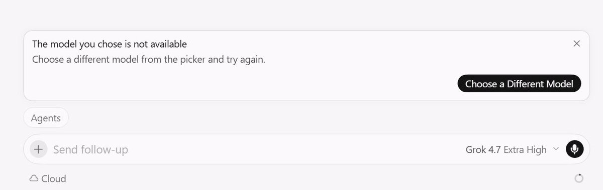 fwenoir's tweet photo. Anyone else getting “The model you chose is not available” in Cursor when picking Grok 4.7 ? Grok 4.6 works fine. @cursor_ai https://t.co/lvIXyXUDOU