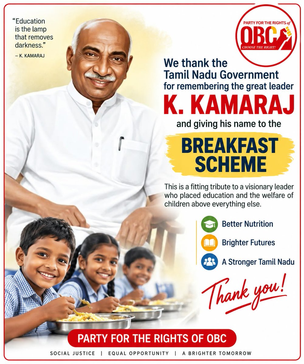 OBC_PARTY's tweet photo. A tribute to K. Kamaraj 🙏

We welcome the naming of the Tamil Nadu Government's Breakfast Scheme after K. Kamaraj.
Nutrition and education are important foundations for children's development. 🍽️📚

🌐 https://t.co/x5KyP5ANTX
#kkamaraj #breakfastscheme #tamilnadu https://t.co/SaOWNNDqic