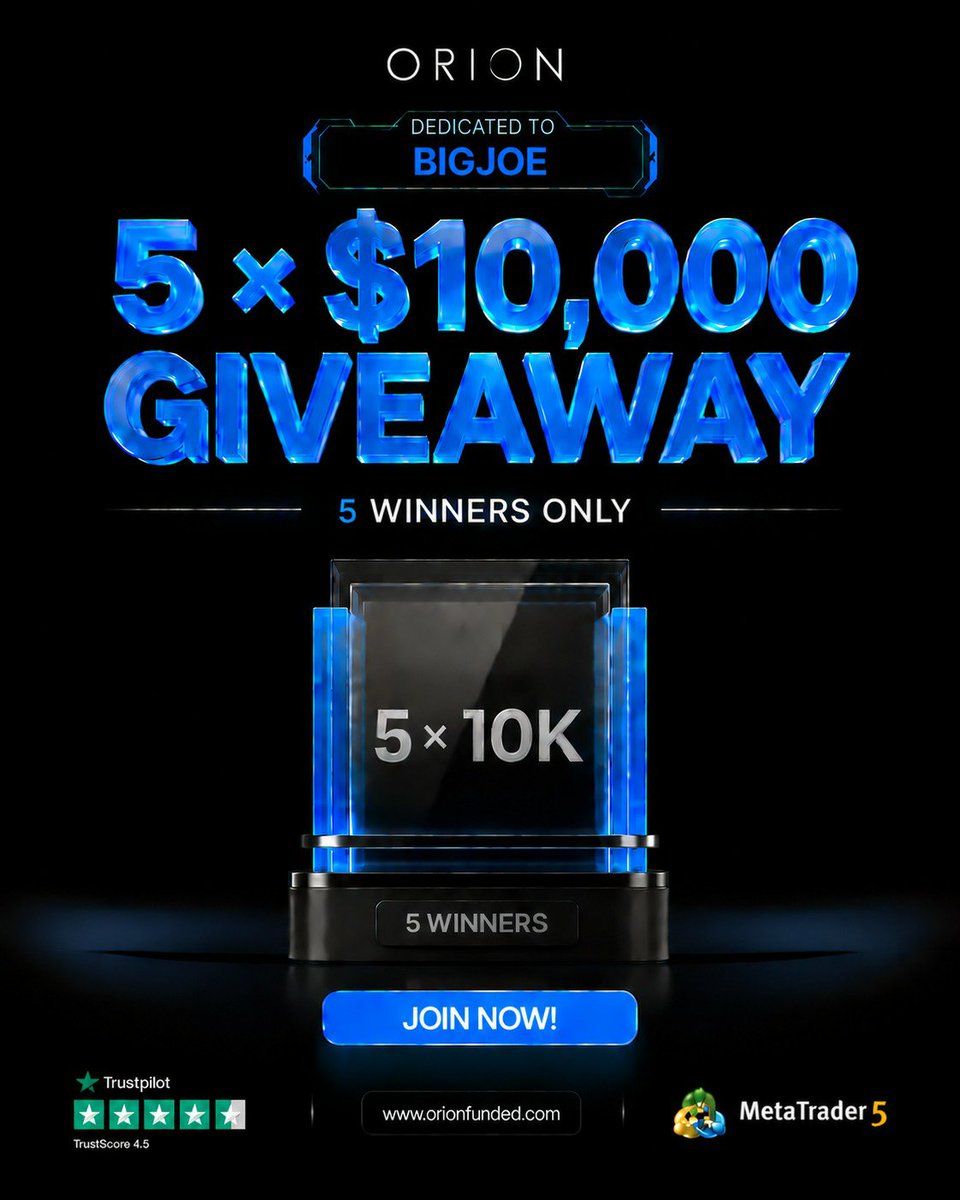 Bigjoe2508's tweet photo. 🚨 $50,000 GIVEAWAY! 🚨

 5 × $10K Orion 🎁

HOW TO ENTER 👇
Follow 
 @OrionAffiliates ||  @orionfundedcom || @Bigjoe2508 

🔁 Like & Repost this post.

💬 Tag 5 traders in the comment

Want to get your own Orion challenge? 👀
🔥 50% OFF your first challenge
🎟️ Code: BIGJOE50

Winners in 72hrs
Good luck everyone! 🚀🦅