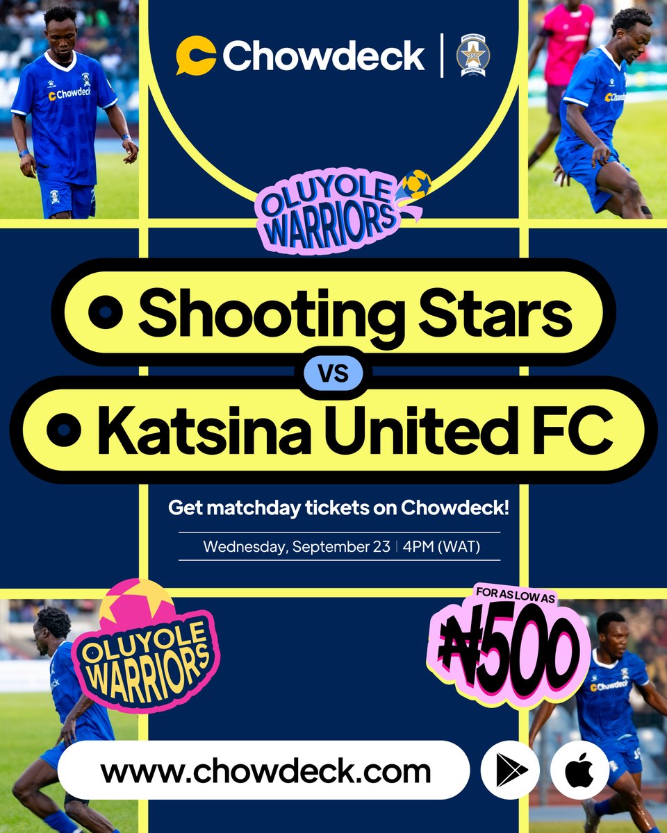 chowdeck's tweet photo. MATCHDAY LOADING... ⚽️🔥

Oluyole Warriors take on the Chanji Boys this Wednesday at Lekan Salami Stadium.

Grab your tickets before kick off: https://t.co/zvwJ7GMDP2

Let's fill the stadium and show up for our boys! 💙⭐️
Up Shooting! Up Stars!🚀 https://t.co/gyH42uhzz9