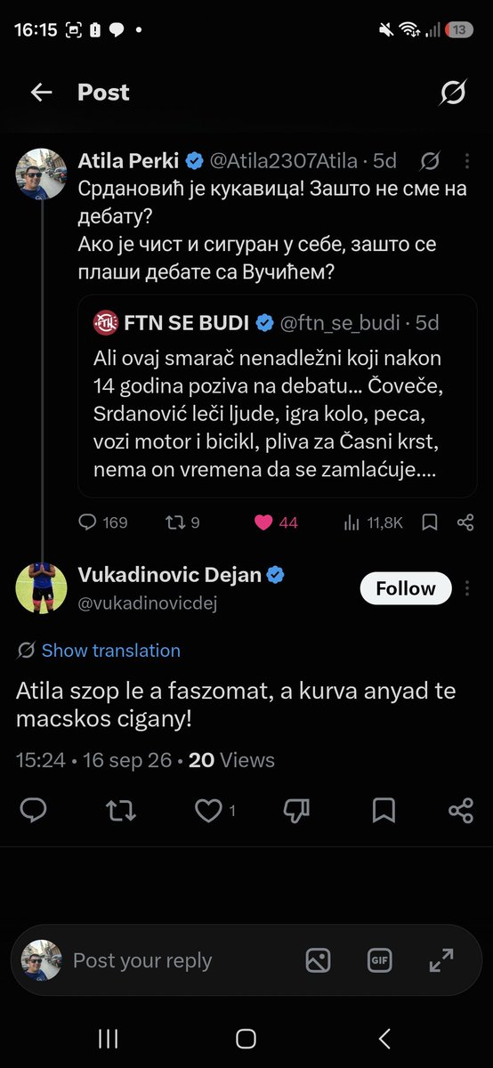 Atila2307Atila's tweet photo. Страшне увреде и претње по националној основи.
Зар је ово програм студентске листе? Скандалозно је докле идете.
Подржавам Александра Вучића јер је много урадио на унапређењу односа између Срба и Мађара.
Али, очигледно, блокадерима смета што сам Мађар. И зато питам све: да ли су Мађари безбедни због студентске листе у Војводини?
Зар је ово нормално?
Ово нисам очекивао. Јер ово више није политика, већ таргетирање и претње по националној основи.
