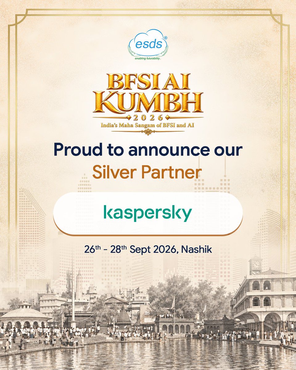 ESDSDataCenter's tweet photo. We’re excited to welcome @kaspersky our Silver Partner for BFSI AI Kumbh 2026!
We’re glad to have Kaspersky join us in bringing security, innovation, and resilience into the conversation.
Welcome aboard, Kaspersky!🚩
#BFSIAIKumbh2026 #Kaspersky #SilverPartner #Cybersecurity https://t.co/N8TPwWd7gh