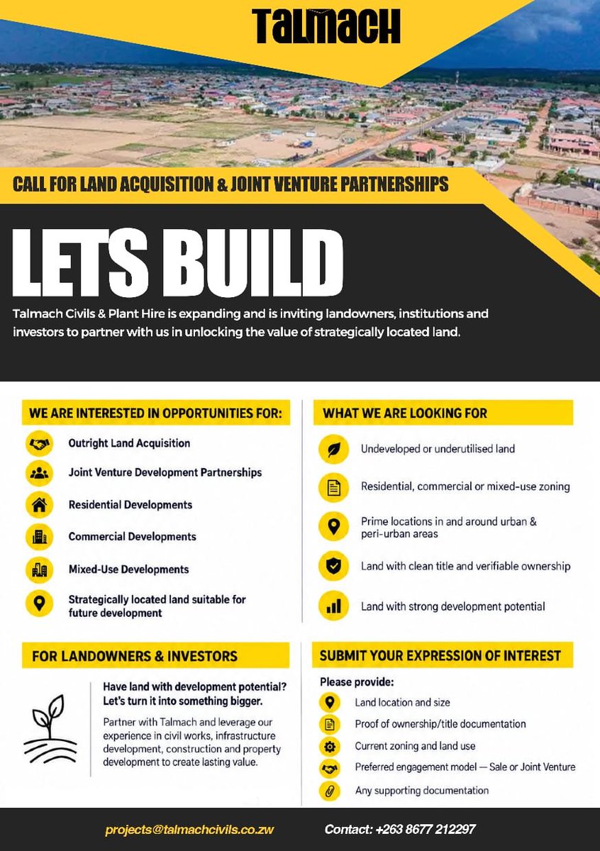 Savheya_Happie's tweet photo. Talmach (Pvt) Ltd are now our development partners.
Bring your acres of land and we develop it for you at $0.00.

Talmach have completed; 
1. Timire Park, Ruwa
2. Boulders Estate, Ruwa

They are very legit, professional, reliable, trusted....Bring your land or grab a residential stand today 

Contact: 0716 991 881 for more information 

50 reposts 🔁 please. Pamwe ndingapihwawo 245m² stand.