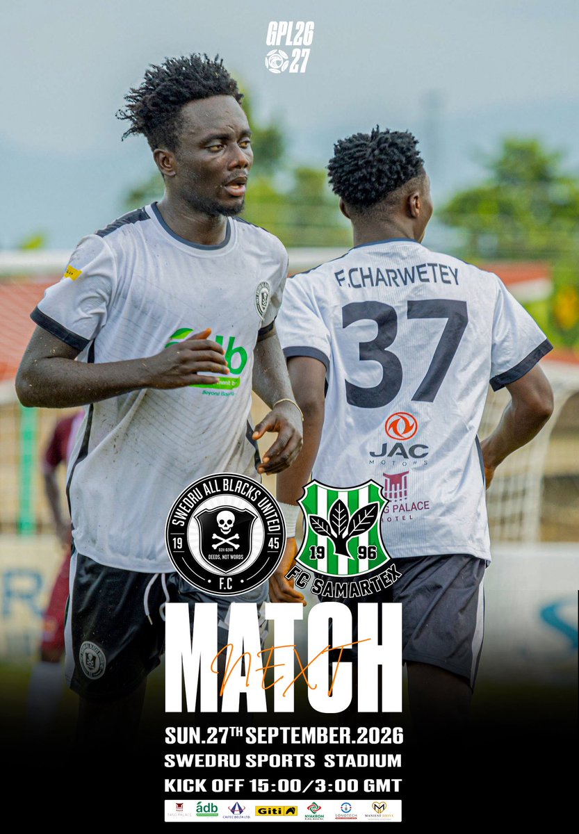 allblacksufc_45's tweet photo. 🏟️ 𝑩𝑨𝑪𝑲 𝑯𝑶𝑴𝑬. 𝑩𝑹𝑰𝑵𝑮 𝑻𝑯𝑬 𝑵𝑶𝑰𝑺𝑬! 🖤🤍

We welcome FC Samartex 1996 to the Swedru Sports Stadium this Sunday for our next home battle! 

Swedru, fill the stands, raise your voices and rally behind the Black Magicians. Together, LET’S CREATE MAGIC! ✨

#SwedruAllBlacks #LetsCreateMagic #SABSAM