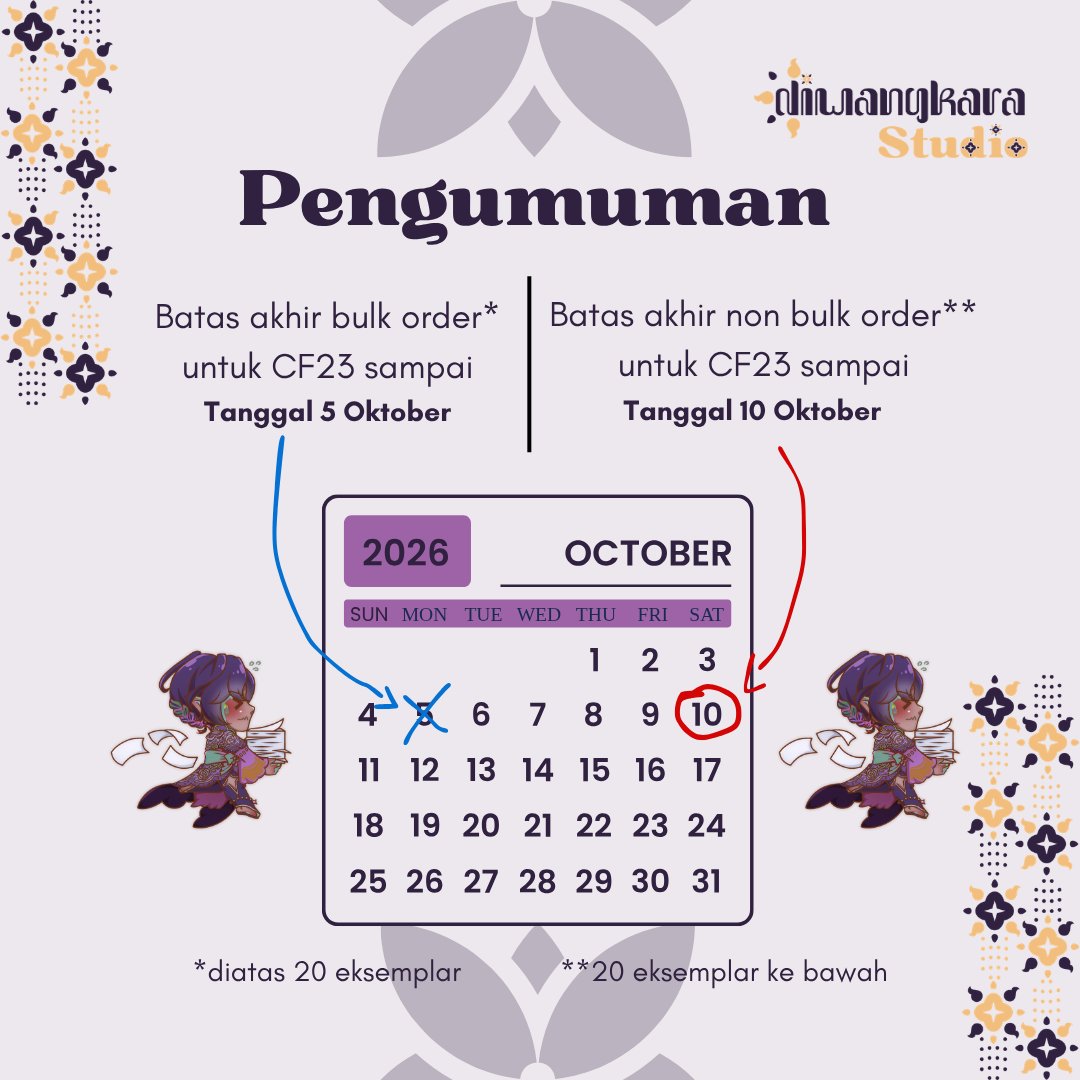 diwangkaraprint's tweet photo. Haloww~ Pengumuman buat temen2 diwangkara!

kalau batas order bulk #CF23 sampai tanggal 10 Oktober yaa~
sedangkan non bulk order sampai tanggal 20 oktober

bulk order diatas 20 eksemplar!
Catat tanggalnya! jangan sampai kelewatan dan buruan test print di diwangkara! https://t.co/msvdh8Vw62