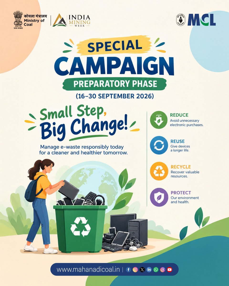 mahanadicoal's tweet photo. Special Campaign 6.0 | E-Waste Management
Reduce, Reuse, Recycle and Protect—small responsible actions can help conserve resources and protect our environment for the future.
#specialcampaign6 #SwachhataHiSeva #SwachhataHiSeva2026 #SHS2026 #Swachhotsav #SwachhBharat #mymcl #coalindia #EwasteManagement #CoalIndia
@kishanreddybjp @satishdubeyy @CoalMinistry @CoalIndiaHQ @DARPG_GoI @MoJSDDWS @SwachhBharatGov @swachhbharat @MoHUA_India