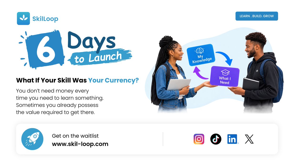 SkilLoop0's tweet photo. What if the next skill you need doesn’t have to cost you money?
Sometimes, you already have something valuable enough to get you there.
SkilLoop launches September 28.
The wait-list is still open. Join now: https://t.co/71PC1TkrPc
#SkilLoop #SkillExchange #KnowledgeEconomy https://t.co/wPAW7IDiUe