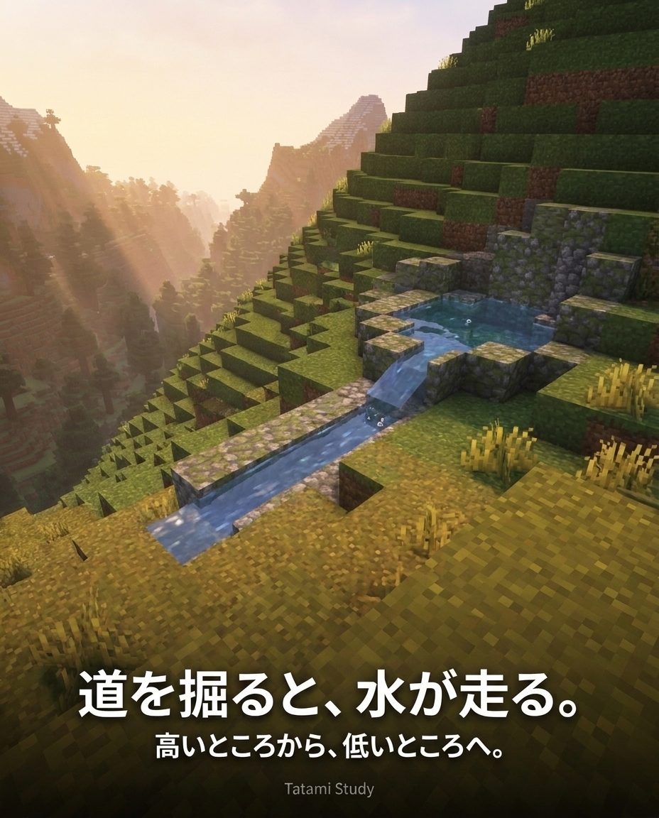 TatamiStudy's tweet photo. 山の上に泉をひとつ。道を掘って、段差で滝にして、たどり着いた先に池。水の道を作ると、次に置きたいものが見えてくる。水車？ 畑？ 船着き場？
#マイクラ #TatamiStudy https://t.co/cMXrxRpPzJ