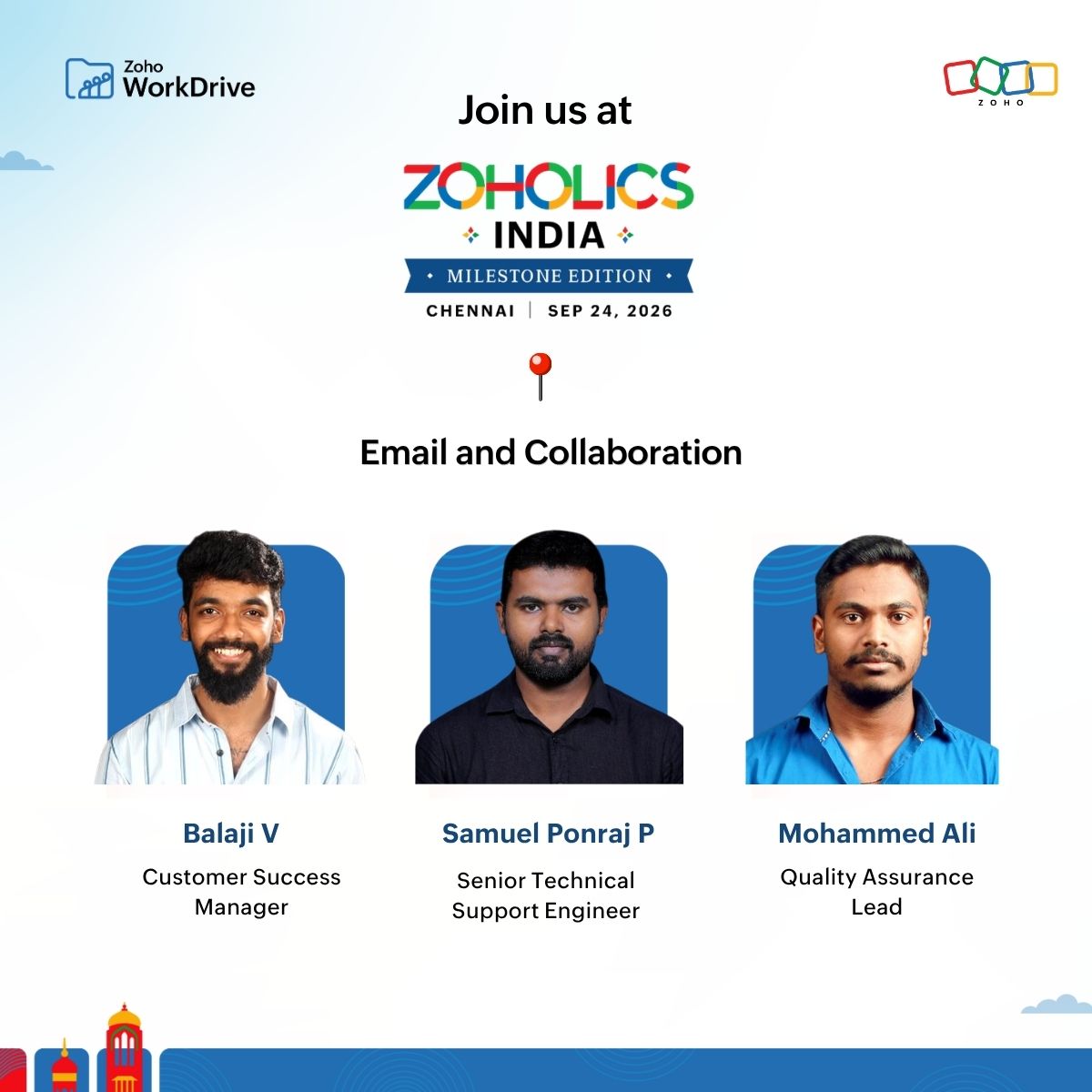 ZohoWorkDrive's tweet photo. Are you heading to #ZoholicsIndia2026 ? 
 
Meet the #ZohoWorkDrive team at the #EmailandCollaboration section on September 24 in Chennai. 

Drop by, say hello, and discover how WorkDrive can help your team work better with intelligent content collaboration capabilities. https://t.co/3klp2pgcdh