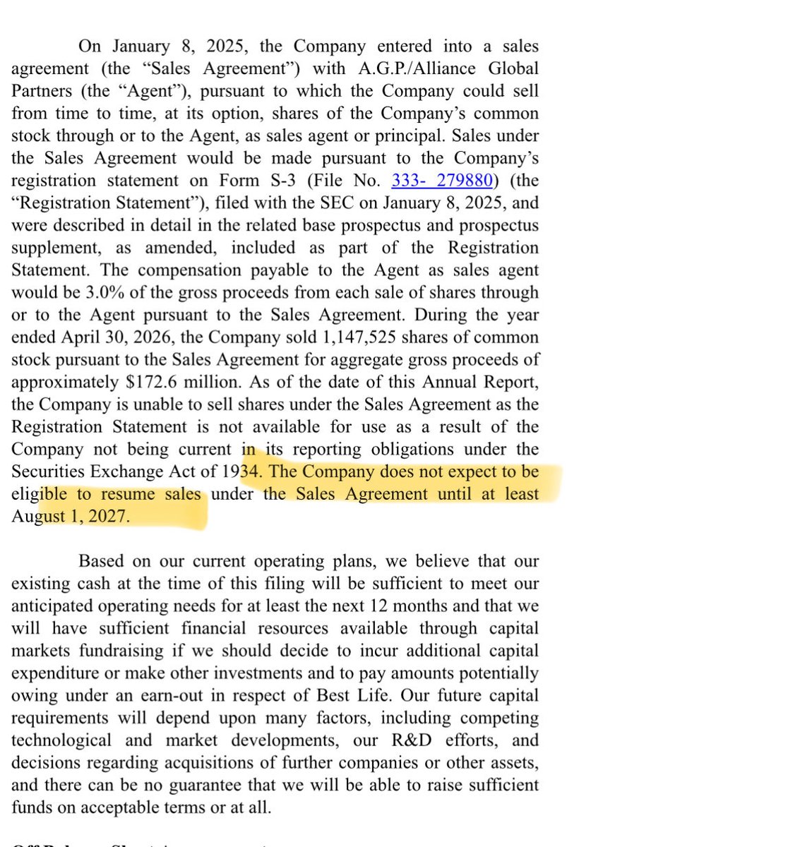 ej23ny's tweet photo. $YYAI great news  no dilution 

“The Company does not expect to be eligible to resume sales under the Sales Agreement until at least August 1, 2027”

$LGLC $CISS $VBIO $WETO $FGL $PFSA $PCLA $TNON $VEEA $WOK $GRML $AUUD $weto https://t.co/Iu54qNh63w