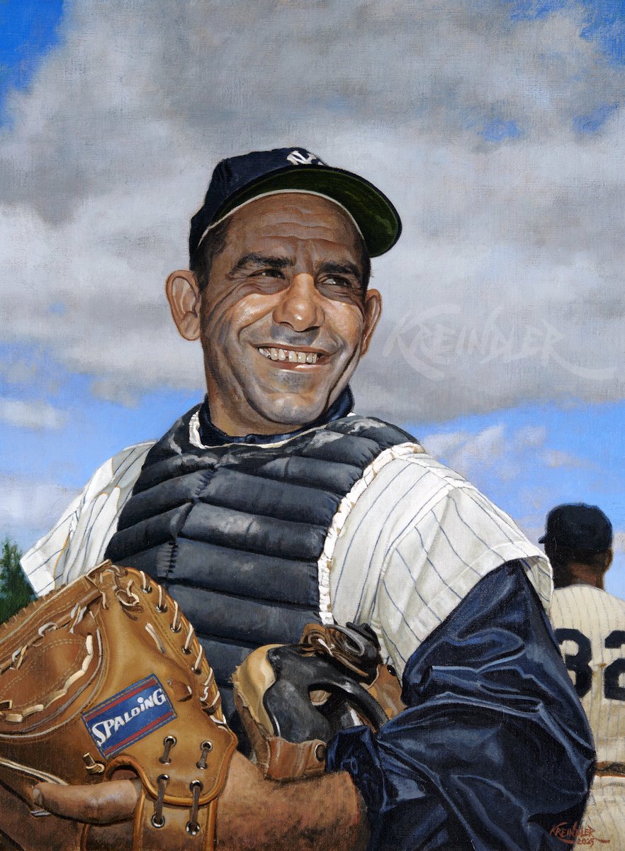 GraigKreindler's tweet photo. #OTD in 2015, Lawrence Peter “Yogi” Berra passed away at the age of 90. Best remembered for his famous maxims, he should also be remembered as one of the absolute greatest players in the history of the sport. Here’s my painting of him at spring training in Florida, March of 1961. https://t.co/aP0Vbs3M5f