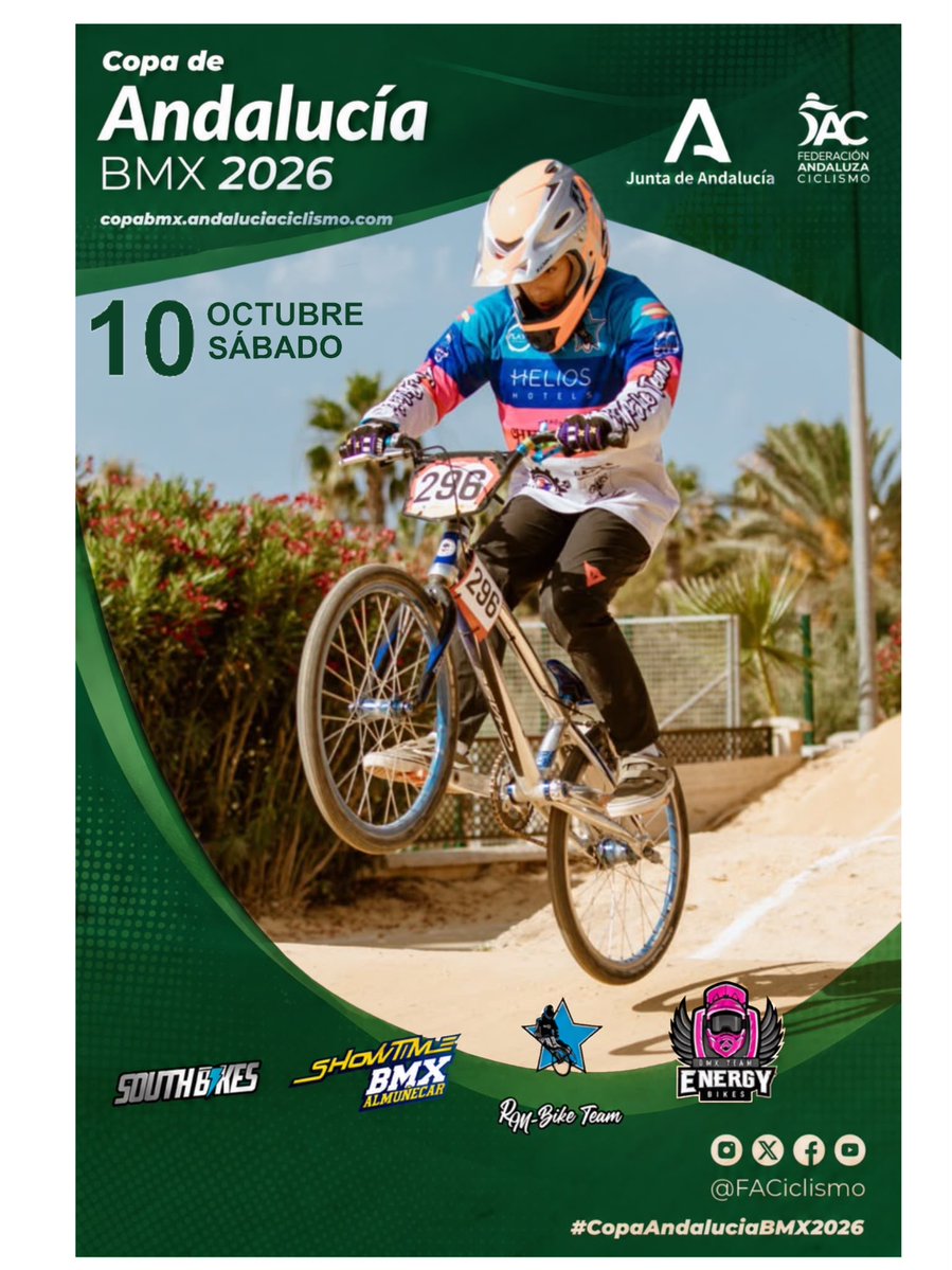FACiclismo's tweet photo. 📝🏆🚴‍♂️🚴‍♀️Apertura de inscripciones para la prueba de #CopaAndalucíaBMX2026 del 10 de octubre en Almuñécar (Granada), este jueves 24 de septiembre a partir de las 11h: https://t.co/p9xcGOEJeU
🚴‍♂️🚴‍♀️Para todas las categorías.
🏆3ª prueba de la Copa Andalucía. https://t.co/fm0U7i9ND5