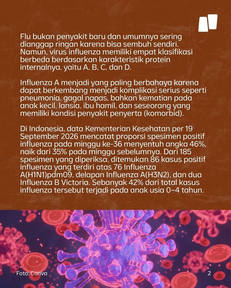 NarasiNewsroom's tweet photo. Kasus Influenza A meningkat di bulan September ini.

Berbeda dari flu pada umumnya, virus influenza A paling bahaya karena bisa berkembang jadi komplikasi seperti pneumonia, gagal napas, bahkan kematian. 

Kenali virus sedari dini dan pahami pencegahannya agar terhindar dari flu di musimnya ini. Baca sampai tuntas buat dapat penjelasan menyeluruh.

| Narasi Daily