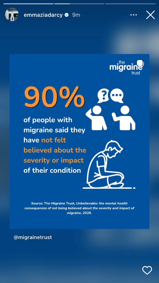starsdusks's tweet photo. migrainetrust: “Our newly published report highlights the stark reality of people with migraine being disbelieved in a variety of settings.”

Post: https://t.co/WjxNGWJlHS

(Emma D’Arcy 🔁, Instagram Story, 22/09/2026) https://t.co/NkfcZdpNbi