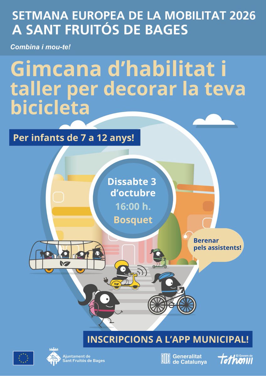 AjSantFruitos's tweet photo. 🚲#Santfruitós celebra la #Setmanamobilitat amb una tarda de propostes per a practicar i decorar la bicicleta.
🌍L'activitat familiar se celebrarà el dissabte 3 d’octubre a partir de les 4 de la tarda al Bosquet.
➕https://t.co/AvR8UxFiUr
#SFB https://t.co/2mLhp6Hwqq