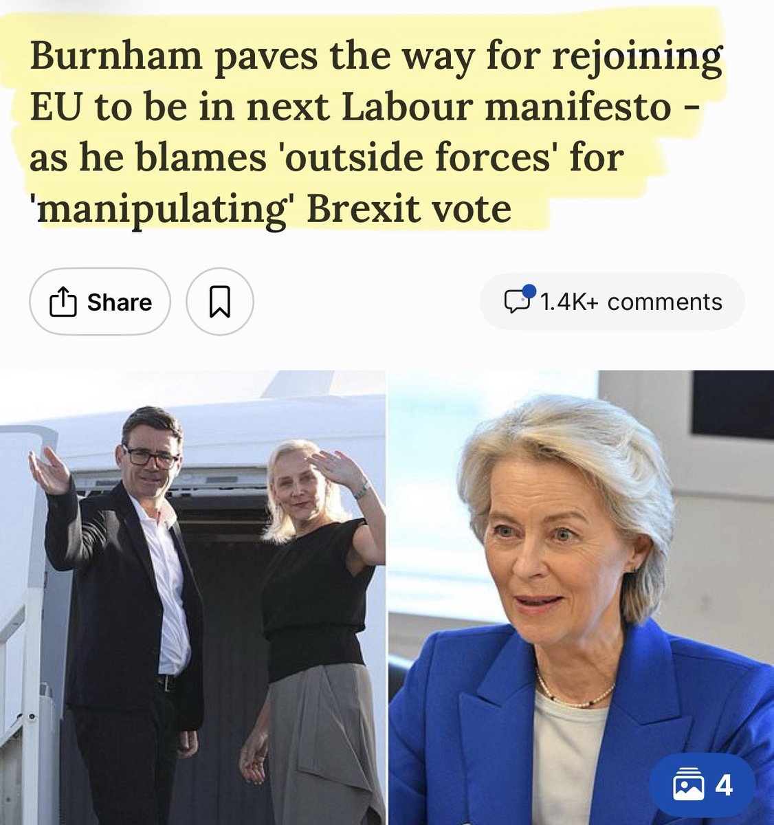 Artemisfornow's tweet photo. It was always coming…. Burnham suggested he considers the 2016 referendum result to be ‘illegitimate’

17.2 MILLION people were manipulated by outside forces! Too stupid to decide for themselves.

Except the outside forces are actually the ones refusing to accept democracy! https://t.co/CyH3WToh2W