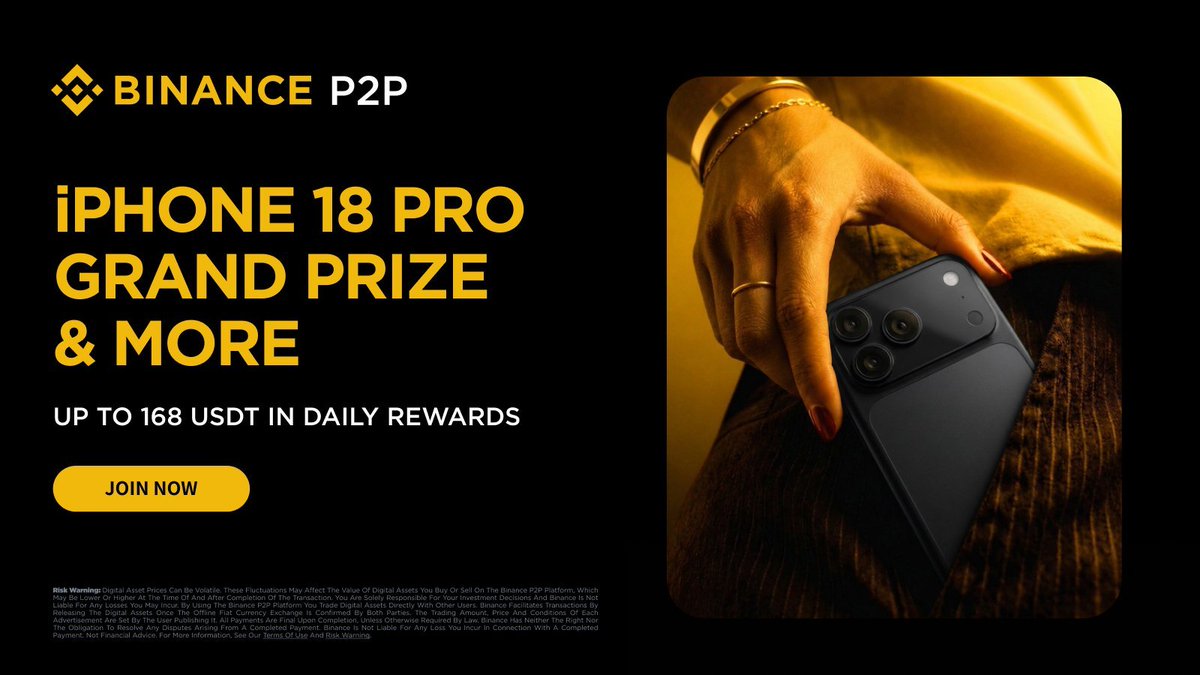 BinanceAfrica's tweet photo. Your next P2P trade could get you an iPhone 18 Pro!

Make your first qualifying P2P purchase or complete daily qualifying purchases to earn spins. Stand a chance to win token voucher prizes. Grand Prize - iPhone 18 Pro!

Get started 👉 https://t.co/oO7GWqZcgP https://t.co/pCdyQv26xq