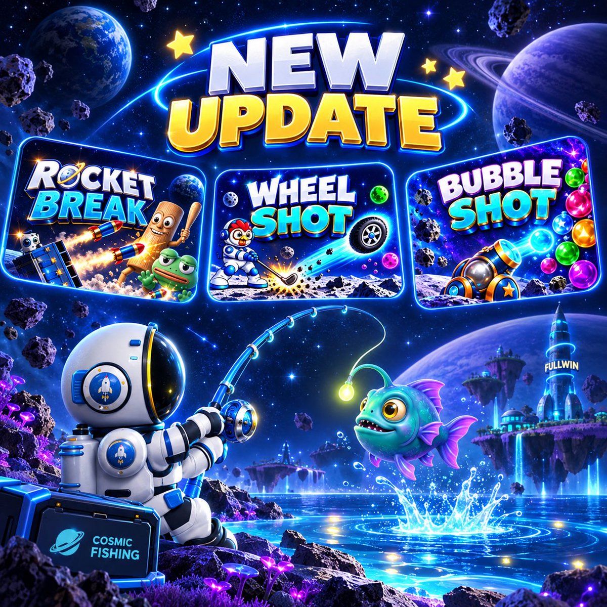 fullwin_media's tweet photo. 🤍💙 New Fullwin update is live! 🚀

3 new games just dropped:
🚀 Rocket Break
🎯 Wheel Shot
🫧 Bubble Shot

And Jackpot is now Cosmic Fishing 🎣🌌
Catch rare fish, earn Bonus & Main TON, customize your profile, and unlock more rewards.

Explore now 👀
🌐 https://t.co/GCmxIseGKn

#Fullwin #TelegramGames #Web3Gaming