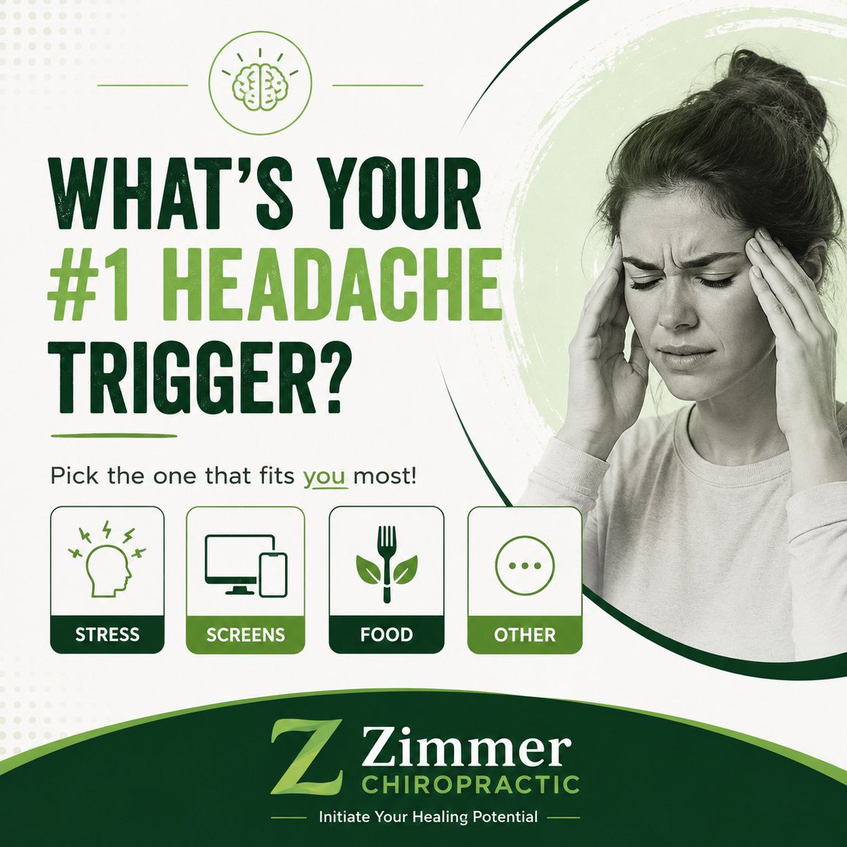 Zimmerchiro's tweet photo. Tired of headaches stealing your week?

What's your #1 headache trigger? Stress? Screens? Food? Something else entirely?

Vote in the poll. We'll DM you a free guide to kick start your healing potential. #HeadacheRelief #SouthKingstown https://t.co/WIBPPKdhO3