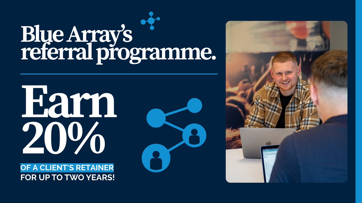 bluearrayseo's tweet photo. Know a business that would benefit from expert organic search support? 💭

Introduce them to Blue Array and, if they become a client, you will earn 20% of their monthly retainer for up to two years!

💡 Just CC hi@bluearray.co.uk on the introduction, and we will handle the rest. https://t.co/V3ihI8VlBh
